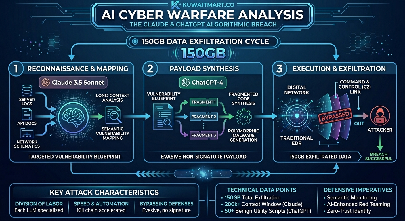 AI Cyber Warfare Analysis Infographic: Breakdown of the 150GB data breach by Kuwait Mart.