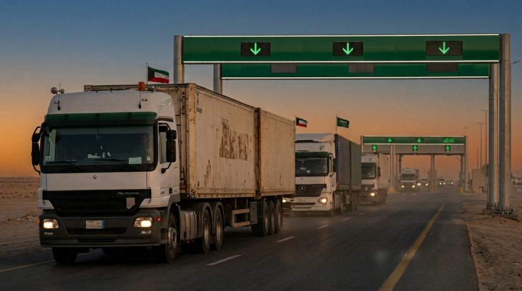 Heavy-duty trucks crossing the Saudi-Kuwait land bridge at sunset, 2026